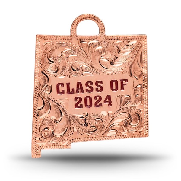 A custom silver tassel charm for 2024 graduates, designed for memorial caps, featuring a New Mexico State Shape